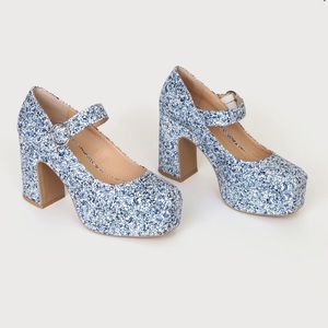 Blue Floral Print Platform Mary Jane Pumps